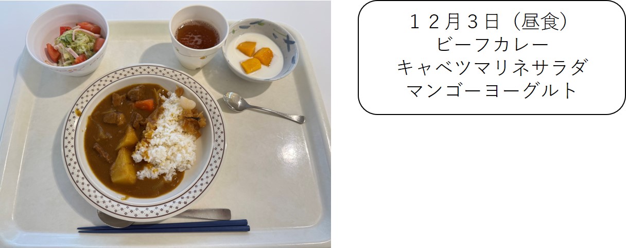 １２月３日（昼食ビーフカレー、キャベツマリネサラダ、マンゴーヨーグルト）