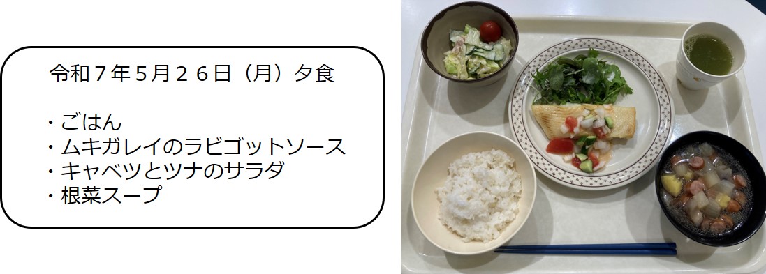 ５月２６日（夕食、ごはん、ムキガレイのラビゴットソース、キャベツとツナのサラダ、根菜スープ