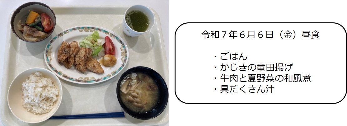６月６日（昼食　ごはん、かじきの竜田揚げ、牛肉と夏野菜の和風煮、具だくさん汁、ステーキソース