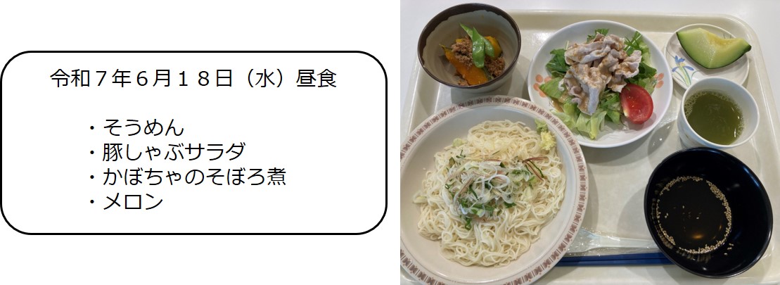 ６月１８日（昼食　そうめん、豚しゃぶサラダ、かぼちゃのそぼろ煮、メロン